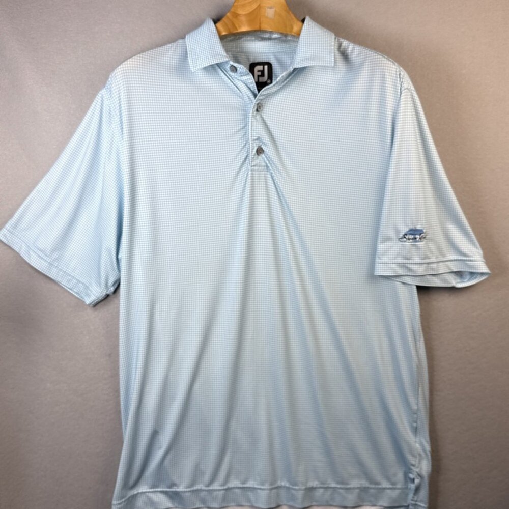 FJ Foot Joy Polo Shirt Mens Medium Blue Houndstooth Performance Golf Shadow Wood